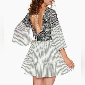 Free People Lola Embroidered Tiered Boho Mini Dress in Black and White size XS